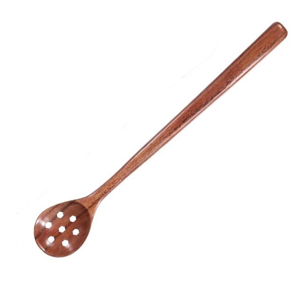 10.8" Long Handle Wooden Round Slotted Spoon